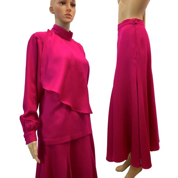 80s Hot Pink Midi Skirt & Asymmetrical Blouse Set | Auckie Sanft Italy | W 25' - Picture 2 of 13